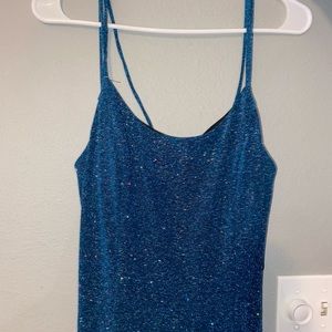 prom dress with slit worn once it is blue with what looks like rainbow sparkles